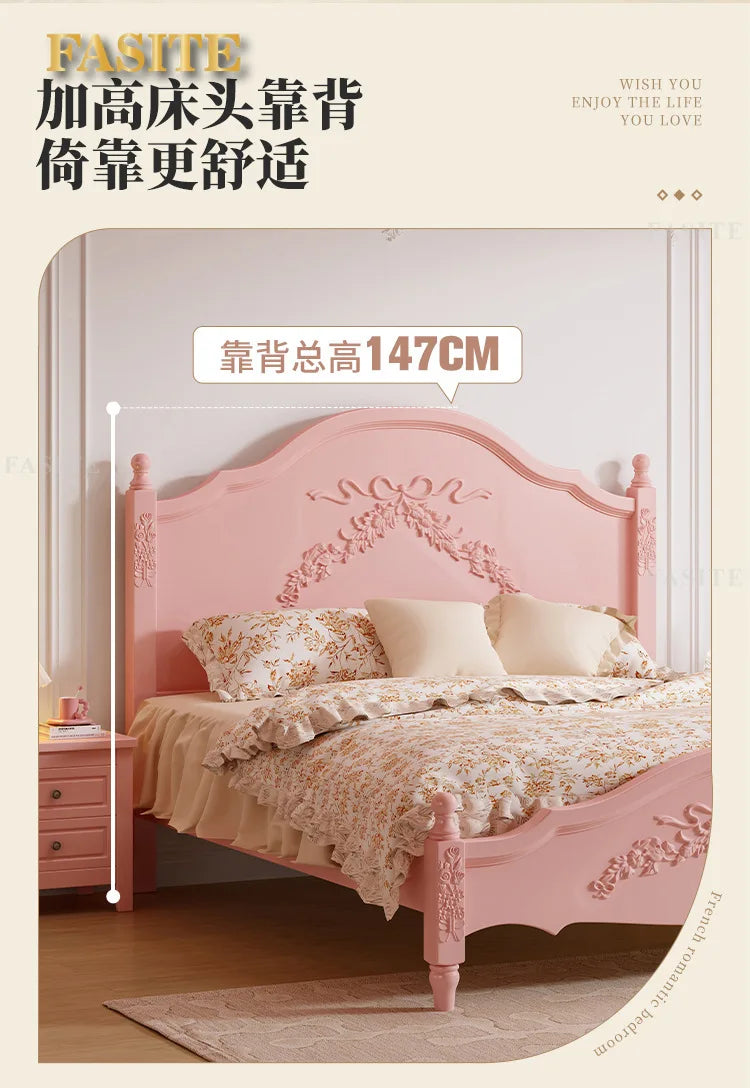 French Solid Wood Bed Pink Princess Bed Girl Bedroom 1.8 Meters 1.5m Double Retro European Carved Bed American