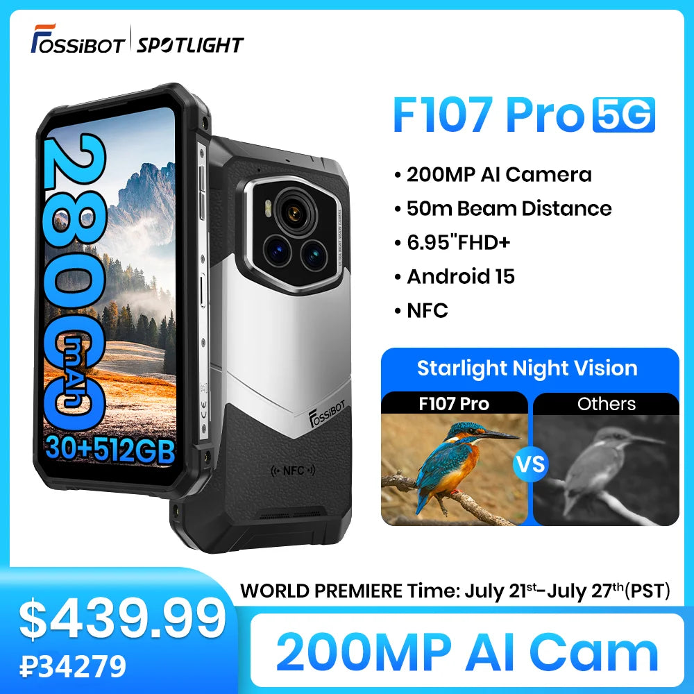 FOSSiBOT F107 PRO Rugged Smartphone Android 15 OS,30GB(12+18)+512GB ROM,6.95"FHD+ 5G Mobile Phone 28000mAh Battery,NFC/Face ID