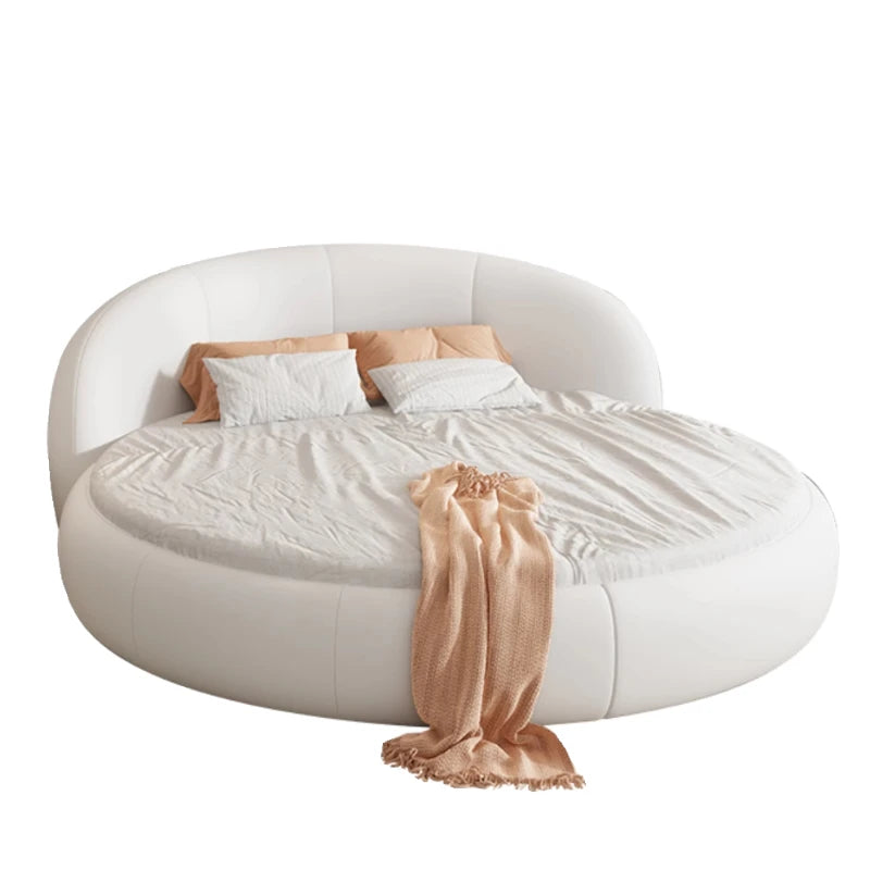 Round Leather Double Bed Luxury Aesthetics Bedroom Modern Simple Light Luxury Bed Cream Style Adult Beliche Salon Furniture