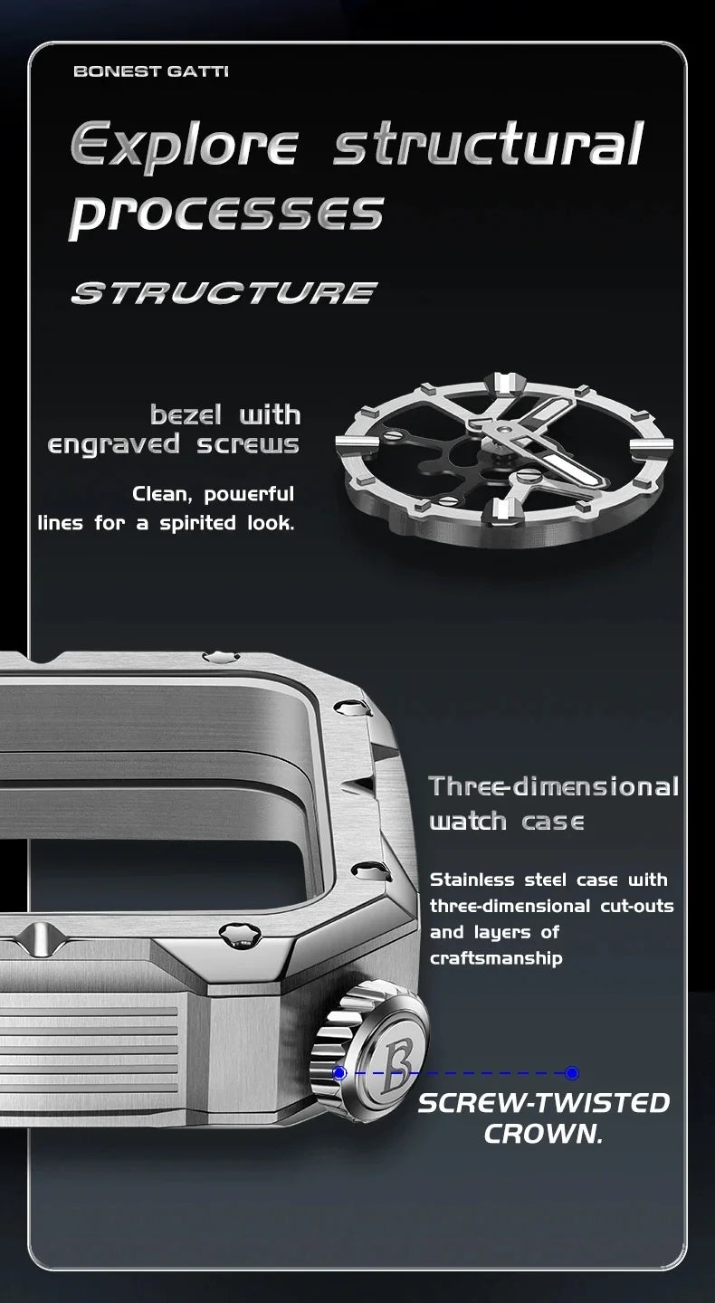 BONEST GATTI Men Automatic Watch 42mm Square Men Mechanical Wristwatch Sapphire Luminous Skeleton Dial Fluororubber Strap 2025