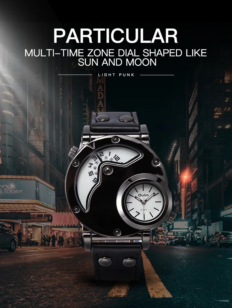 Oulm Designer Brand Luxury Watches For Men Dual Time Quartz Watch Casual Man Leather Watch Sport Male Clock Relogio Masculino