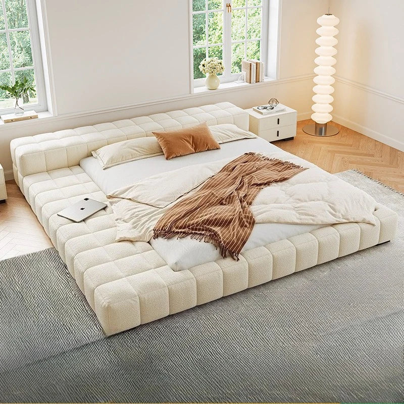 Cream Wind Tatami Floor To Ceiling Bed Master Bedroom Bed Light Luxury Fabric Logue Bed Minimalist Modern Luxury Bed 245cm Beds