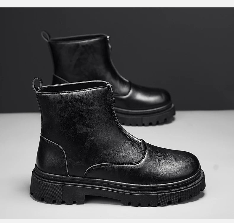 Men's Winter Leather Boots High Tops Zippers Waterproof Big Round Toe Trendy All-match New Fashion Mans Tooling Boot Main Push