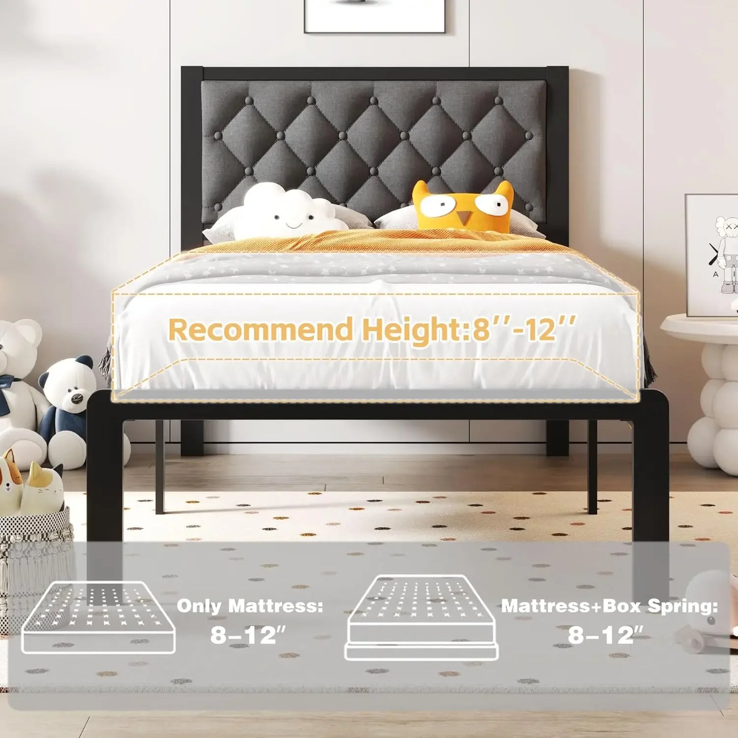 Full Size Bed Frame with Storage Space and  PU Leather Upholstered Bed Frame Platform, Easy Assembly, No Box Spring Needed