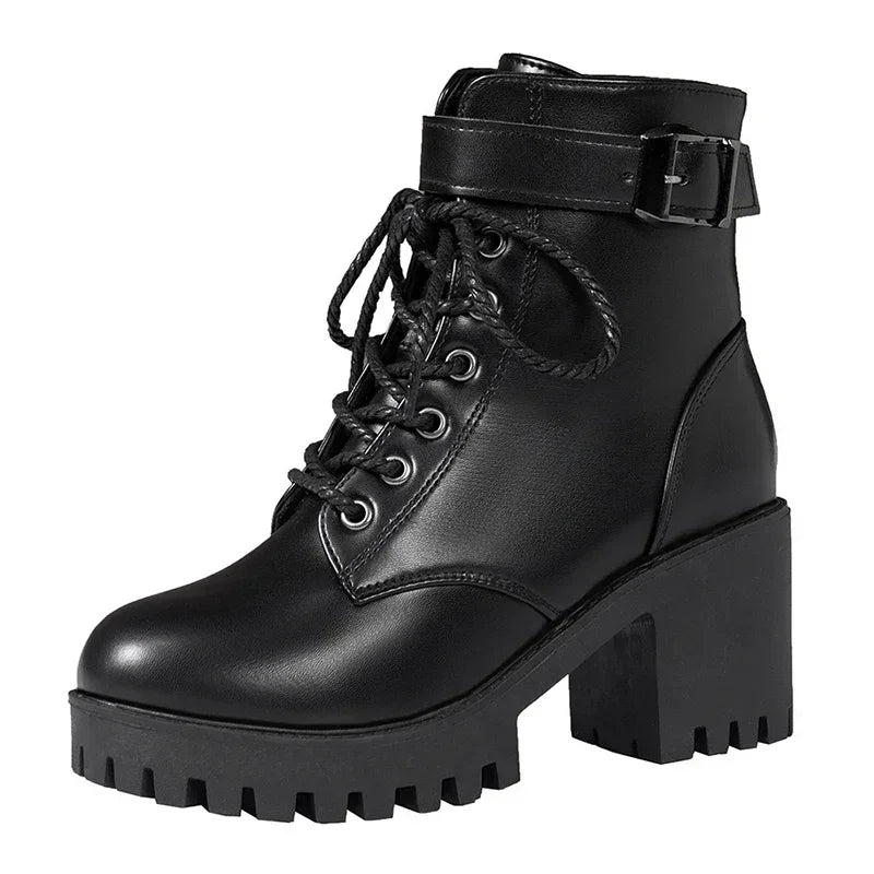 Winter Women's Boots 2024 New Lace Up Boots for Womens Fashion Thick Heel Side Zipper Ankle Boots Warm Female Motorcycle Shoes