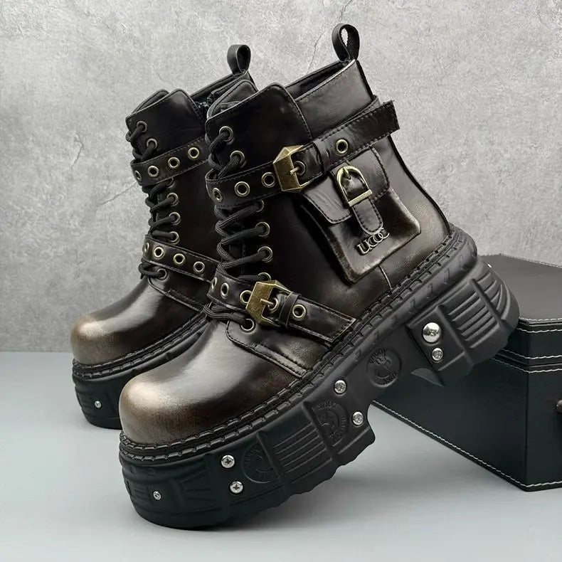 Thick-soled Men's 2024 Autumn and Winter Niche Design Fashion Heightening Short Dark Punk Wind Motorcycle Boots