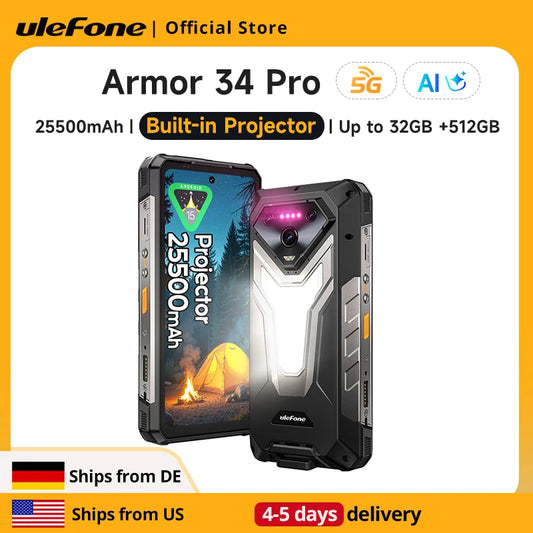 【Ships from US】Ulefone Armor 34 Pro 5G AI Rugged Phone 25500mAh Up to 32GB+512GB Built-in Projector 120Hz 6.95" NFC Smartphone