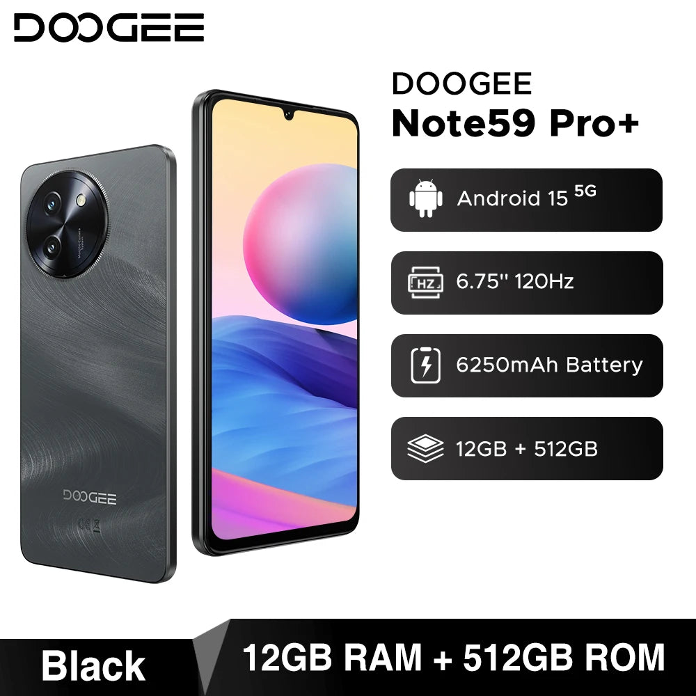 DOOGEE Note59 Pro+ 5G Smartphone Android 15 Global Version 6250mAh Battery 6.75'' 120Hz Display 12GB 512GB Mobile Phone NFC
