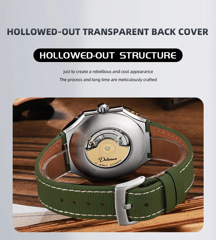 Dulunwe Fashion Men's Watch Automatic Mechanical Multi-function Small Dial Square Design 30M Waterproof Top Brand Wristwatches