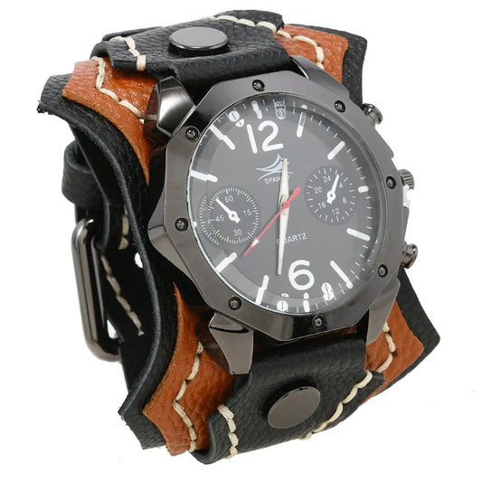 Punk Vintage Men's Multi Layer Hand Stitched Cowhide Leather Strap Large Dial Watch