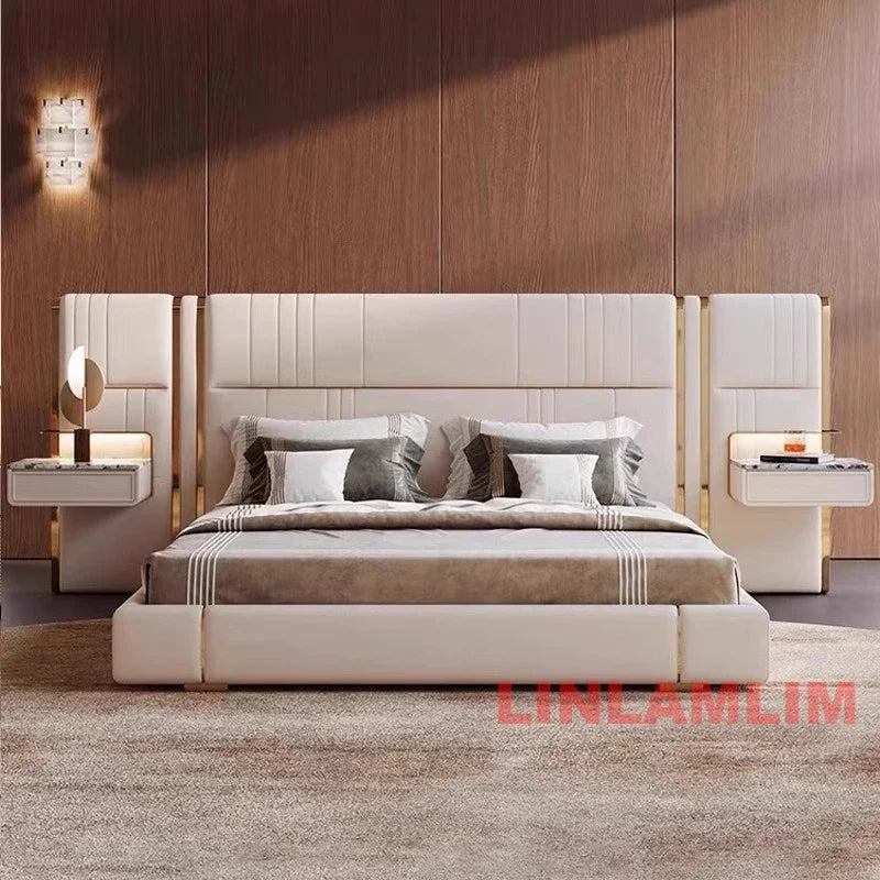 MINGDIBAO Luxury King / Queen Size Upholstered Bed Frame with Nightstands & Gold Accents, Modern Designer Genuine Leather Bed