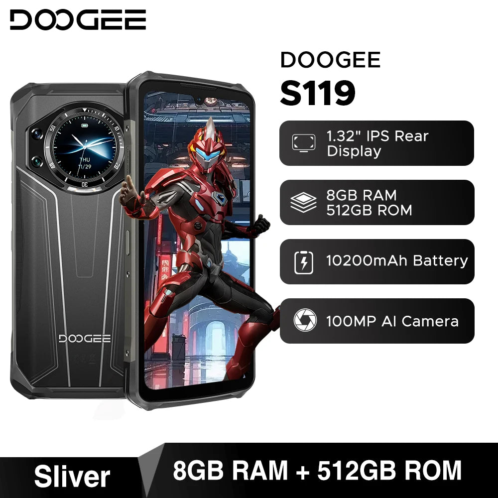 Global Version DOOGEE S119 Rugged Phone 6.72" FHD+ IPS Screen 8GB+512GB 100MP Main Camera 10200mAh battery 33W Android 14 NFC