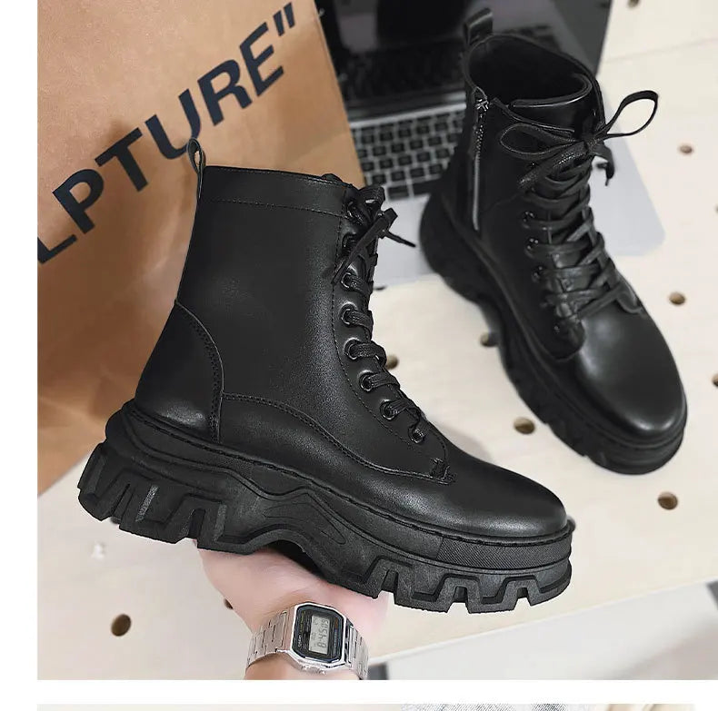 Leather England Black Men's Biker Boot Fashion Young Waterproof Trendy Boots Man Autumn Winter High Top Classic Basic Shoes