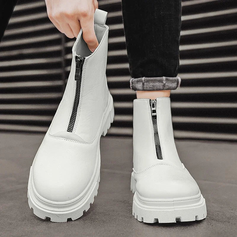 Men's Winter Leather Boots High Tops Zippers Waterproof Big Round Toe Trendy All-match New Fashion Mans Tooling Boot Main Push