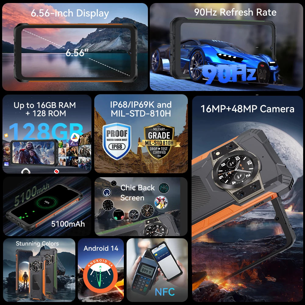 Cubot KingKong ACE 2 Ultra-thin Rugged Smartphone Android 14 16GB RAM(6GB+10GB),+128GB ROM 6.56" 90Hz Screen NFC Cell Phone