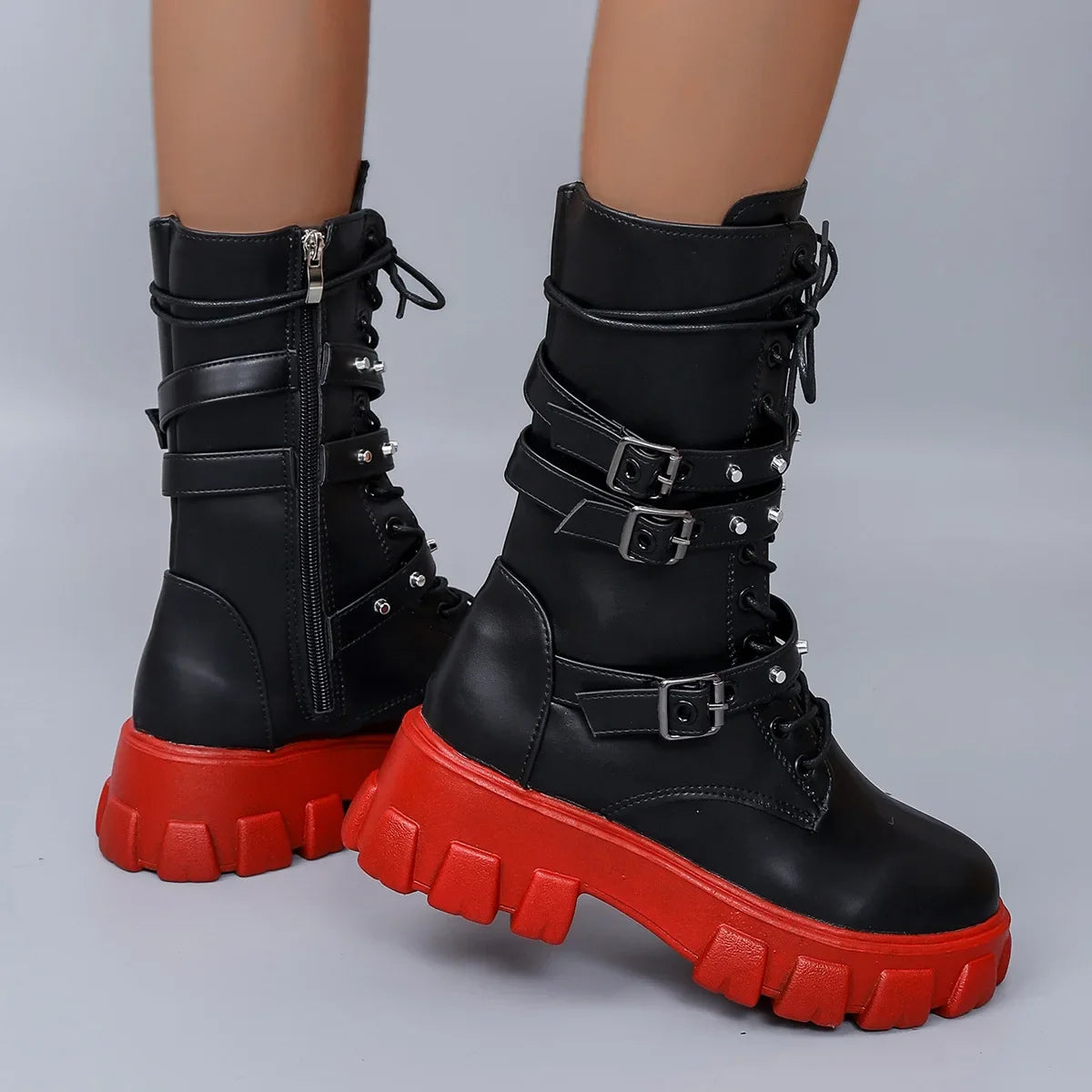 Luxury Brand Woman Boots  Winter New Pu Leather Platform Fashion Lace Up Punk Gothic Booties Casual Work Shoes botines mujer