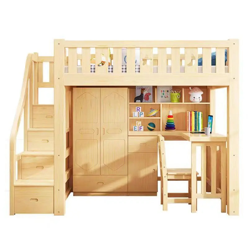 Solid wood bed Under table High and low bed Integrated combination wardrobe Multifunctional desk Learning overhead