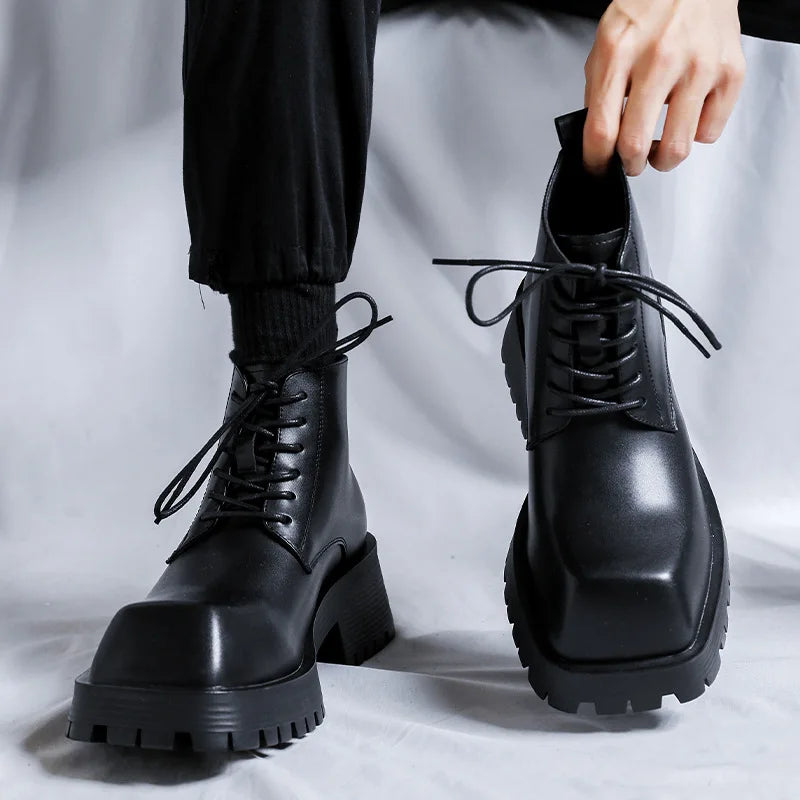 British Vintage Men Leather Shoes Square Toe Lace-up Dress Ankle Boots Autumn Winter Tooling Motorcycle Boots Business Men Shoe