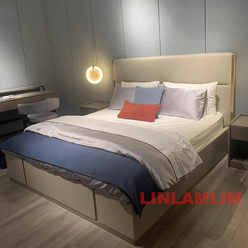 MINGDIBAO Luxury King / Queen Size Upholstered Bed Frame with Nightstands & Gold Accents, Modern Designer Genuine Leather Bed