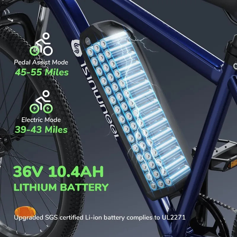 M10 Electric Bike Adult 500W, 26" Commuting Electric Mountain Bike 20MPH Max Range 55+ Miles, Removable Battery, Profe