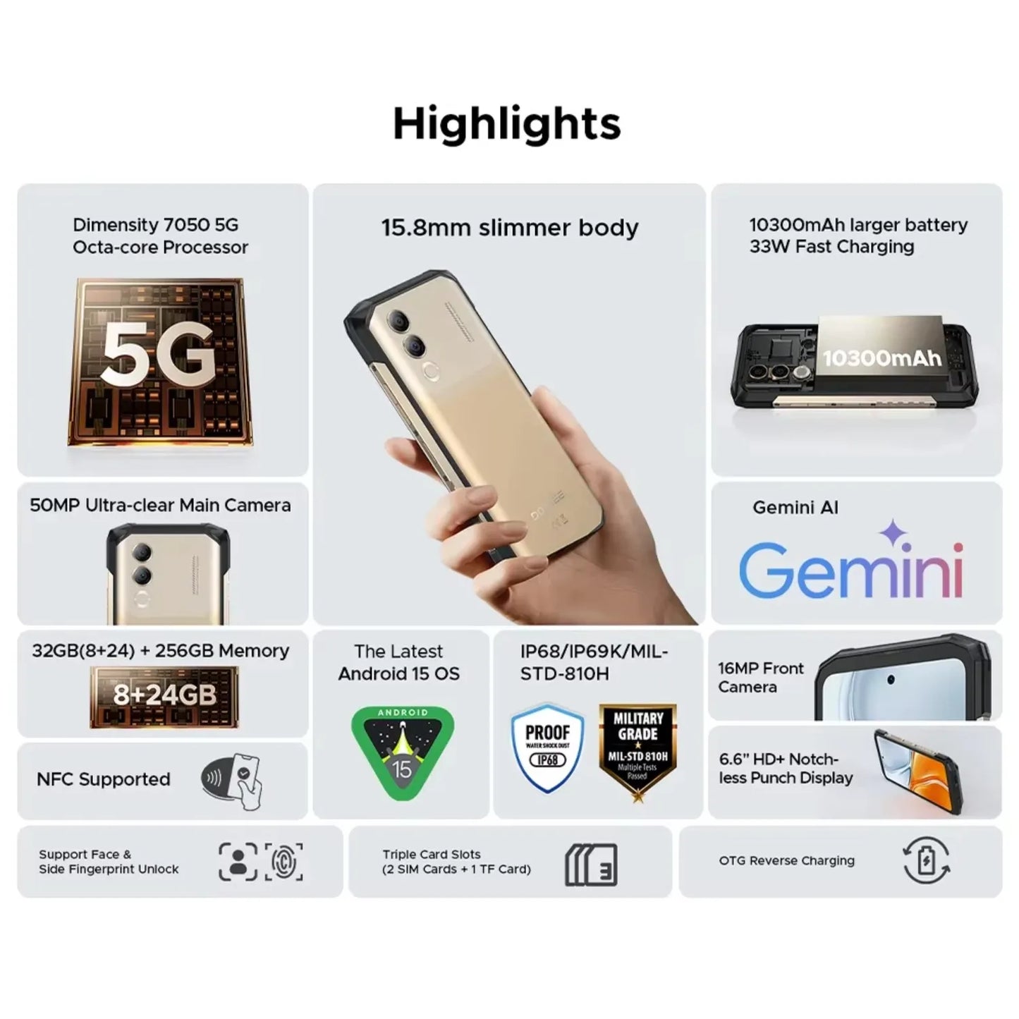NEW DOOGEE Blade 20 Turbo 5G Rugged Phone 6.6″ Dimensity 7050 8GB+256GB Mobile Phone 10300mAh 50MP 90Hz Android15 Smartphone