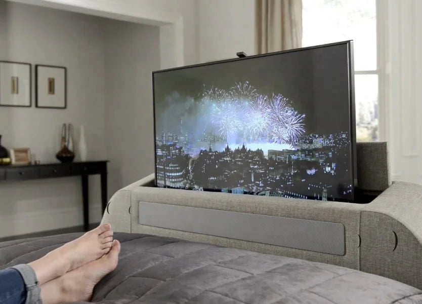 Custom HOME Remote Control Whole House Decoration King Size Smart Luxury Bed With Tv And Fireplace In Footboard Storage