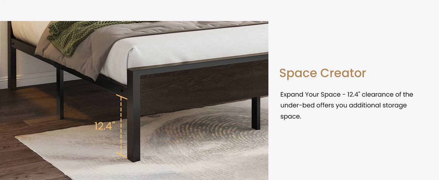 Queen Bed Frame with Headboard, Heavy Duty Platform Base with Under-Bed Storage, Solid Metal Construction, No Box Spr