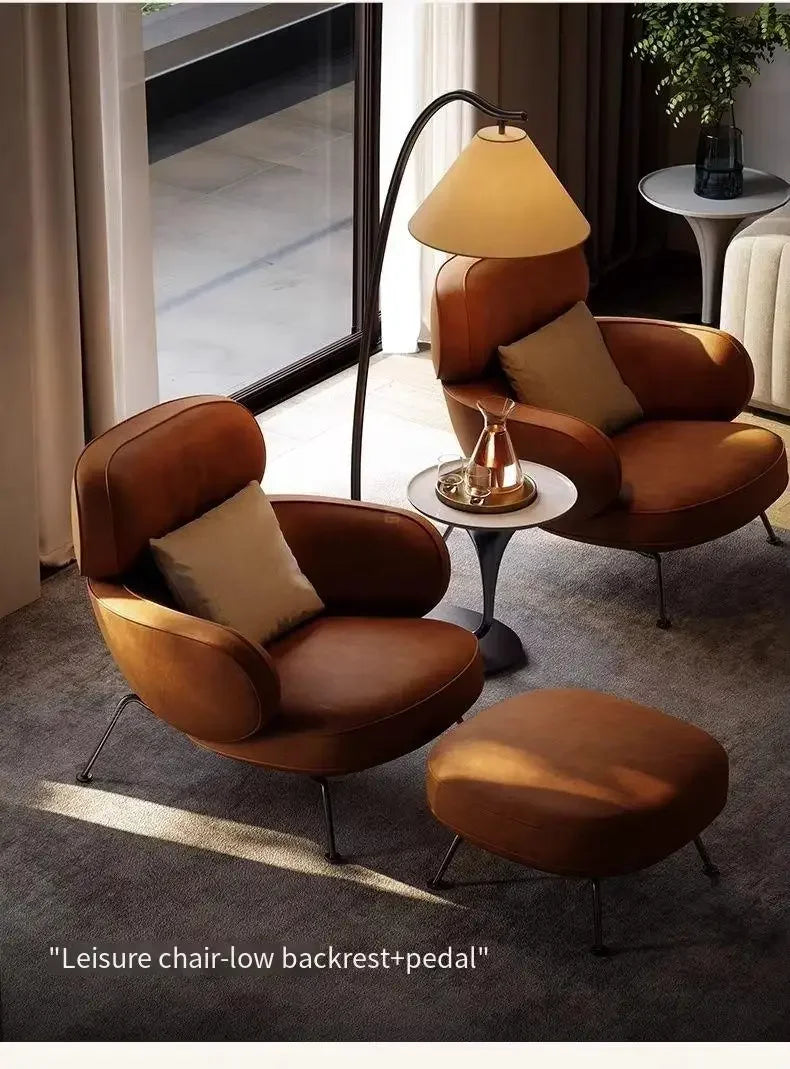 Leather Simple Living Room Chairs Brown Italian Hotel Salon Lounge Chairs Armchair Puffs Designer Fauteuils De Salon Furniture