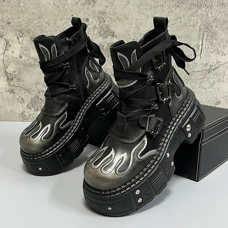 Men's 2024 Winter New Thick-soled Inner Heightening Fashion Fried Street Personality High-top Leather Boots