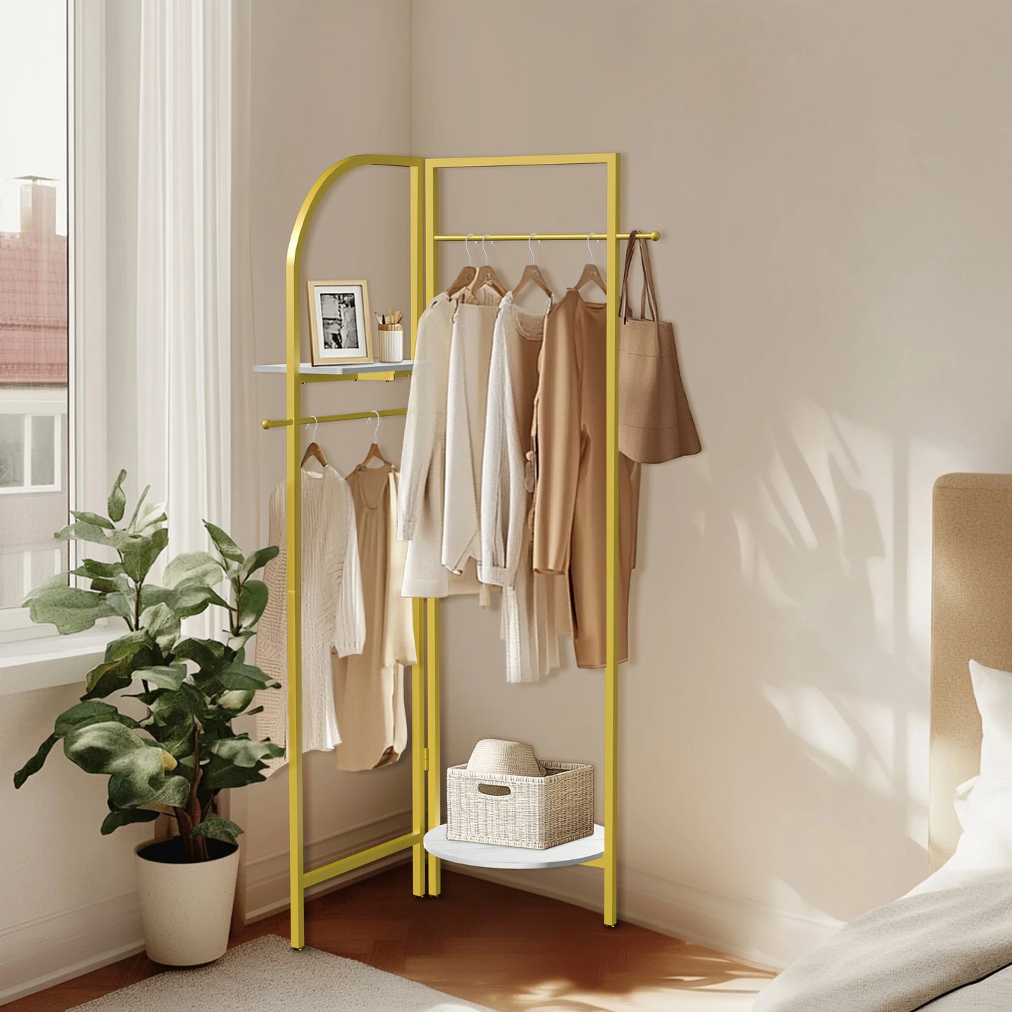 Wisfor Corner Gold Metal Clothing Racks,Heavy Duty Freestanding Clothes Racks Coat Rack for Hallway Entryway, Garment racks