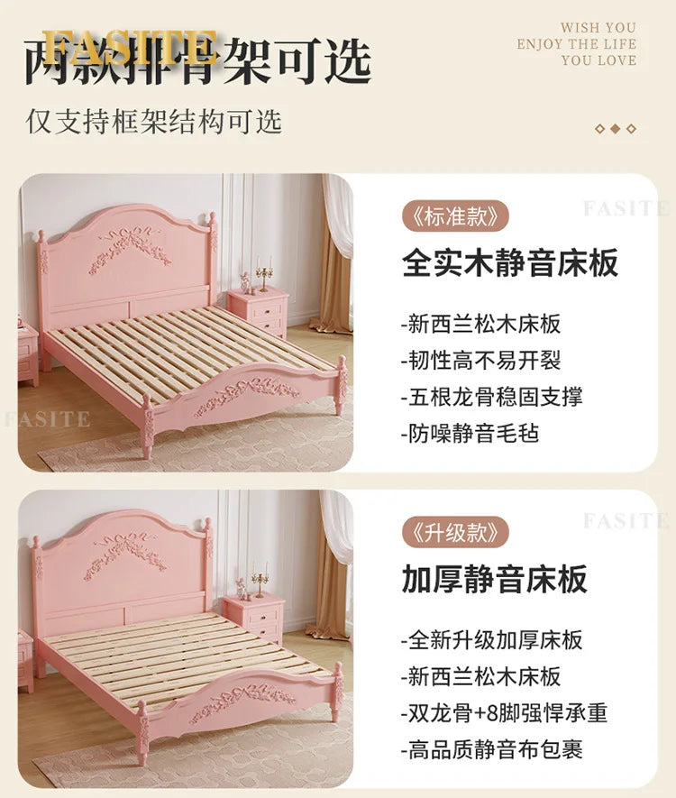 French Solid Wood Bed Pink Princess Bed Girl Bedroom 1.8 Meters 1.5m Double Retro European Carved Bed American