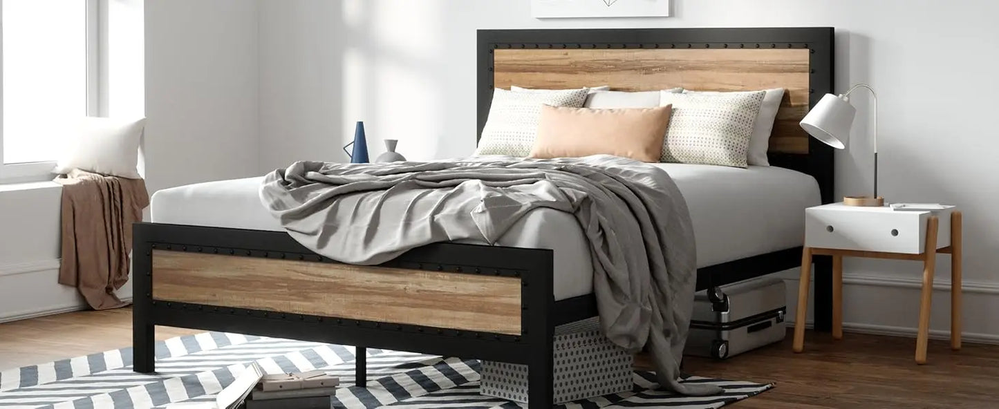 Queen Bed Frame with Headboard, Heavy Duty Platform Base with Under-Bed Storage, Solid Metal Construction, No Box Spr