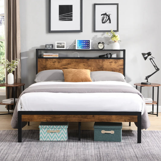 Metal Bed Frame, Wooden Headboard, USB Ports, No Box Spring, Under Bed Storage, Easy Assembly  Bed Frame Furniture Bedroom