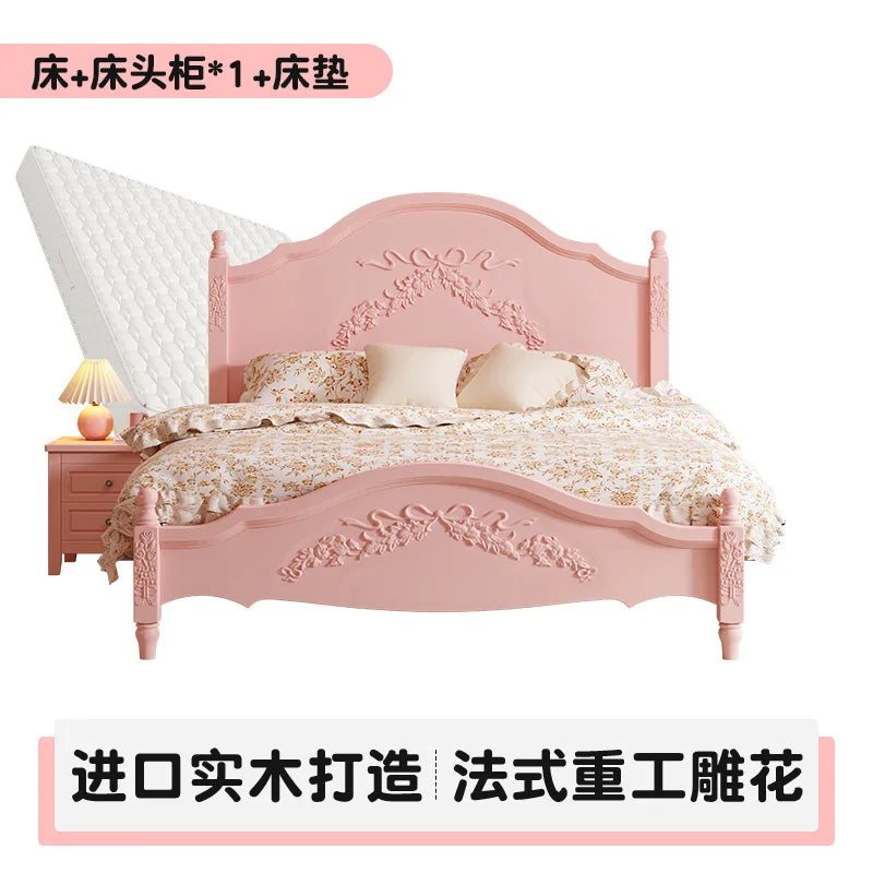 French Solid Wood Bed Pink Princess Bed Girl Bedroom 1.8 Meters 1.5m Double Retro European Carved Bed American