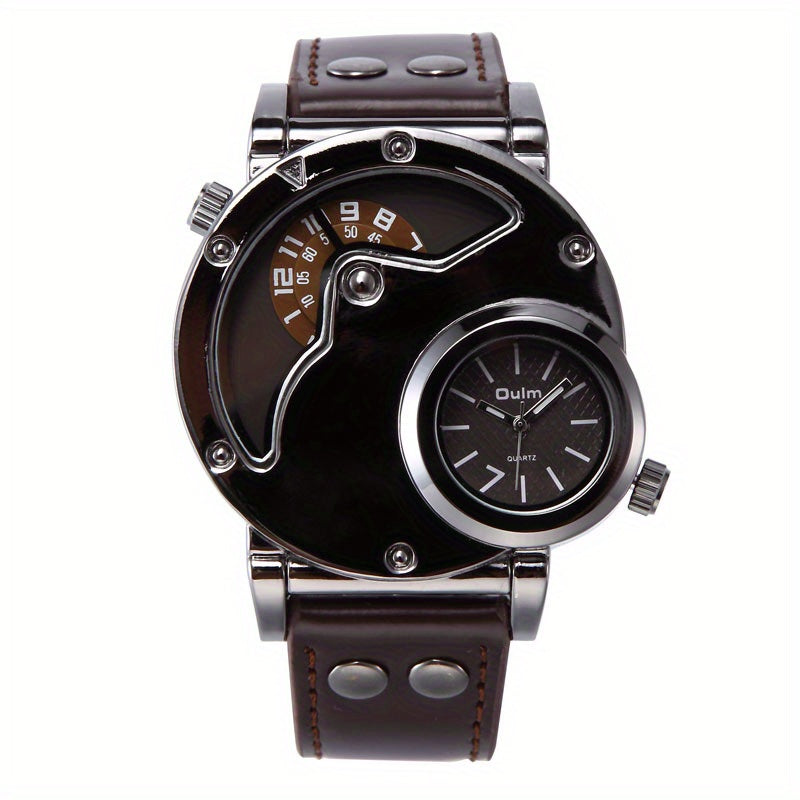 Oulm Unique Double Time Zone Sports Quartz Watch Male Clock Casual PU Leather Military Wristwatch Men's Watches, Ideal choice for Gifts