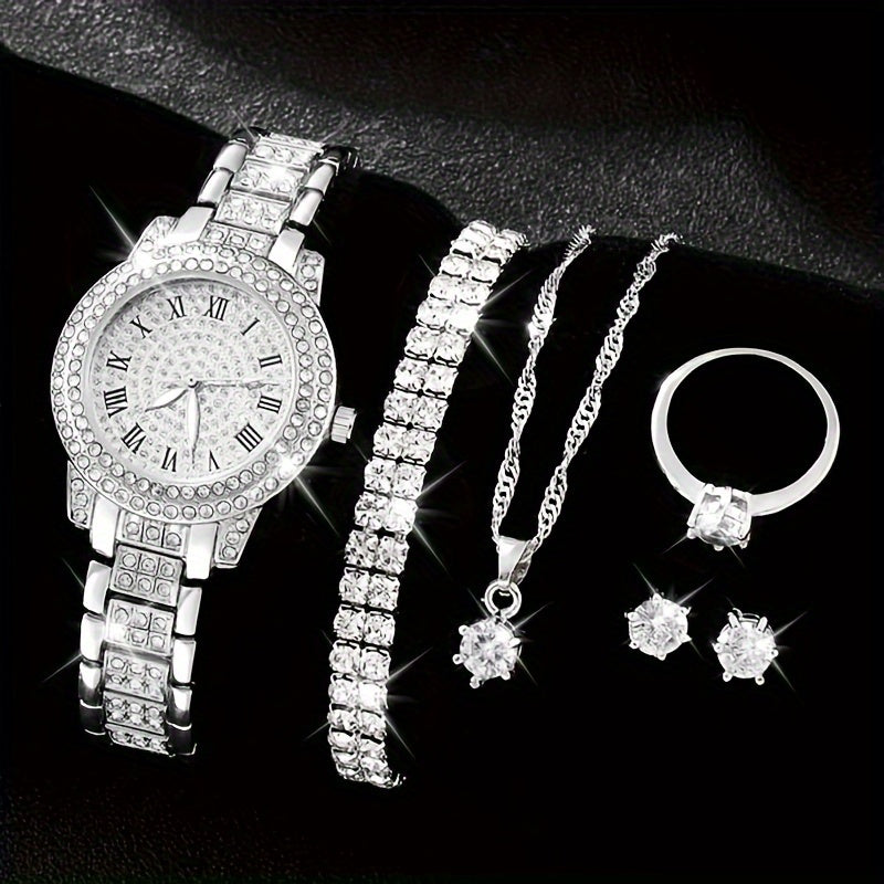 7pcs Rhinestone Encrusted Quartz Watches For Women Alloy Wrist Watch With Jewelry Set Great Gift For Her Mom Girlfriend Gifts For Eid