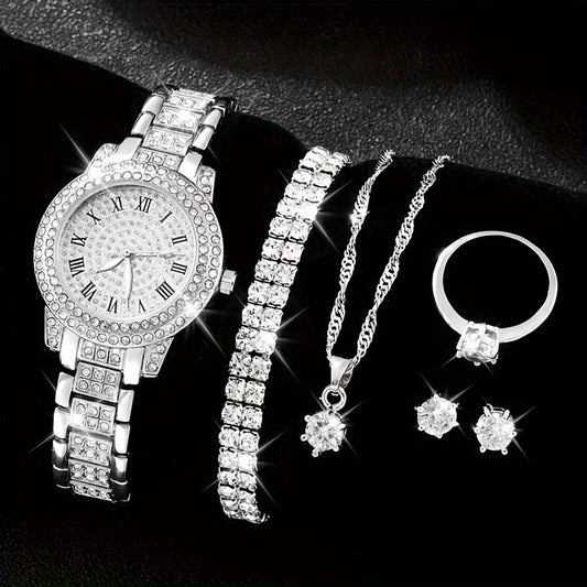 7pcs Rhinestone Encrusted Quartz Watches For Women Alloy Wrist Watch With Jewelry Set Great Gift For Her Mom Girlfriend Gifts For Eid