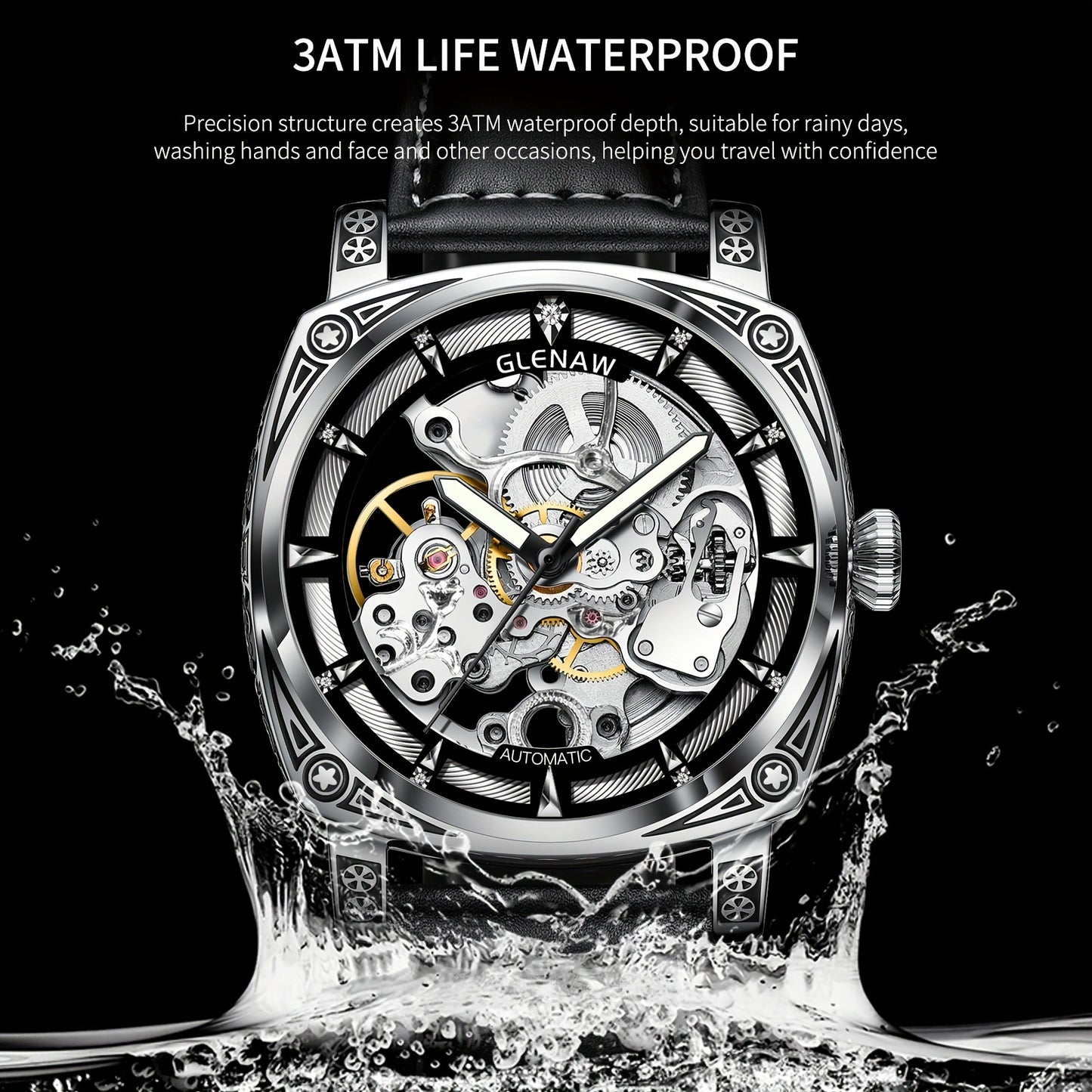 Automatic Watches for Men, Waterproof Watches for Men Stainless Steel Strap Skeleton Self-Winding Mechanical Watch Dial Wrist Watch