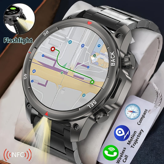 OHUGNA 2024 New GPS Motion Trajectory Smart Watch For Men LED Lighting 360*360 HD Screen AI Voice Wireless Call NFC Smartwatch, Compass Sport Fitness Tracker Watches Outdoor Sports Smart Watch For Men Father's Day Gift