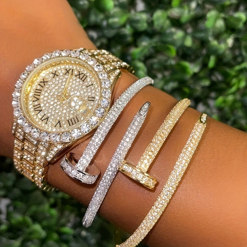 MISSFOX Women Watch Iced Out Shiny Diamond Fashion Elegant Small Case Dress Watches Fashion With Auto Calendar