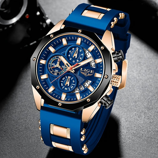 LIGE Mens Watches With Silicone Strap Sport Chronograph Quartz Watch